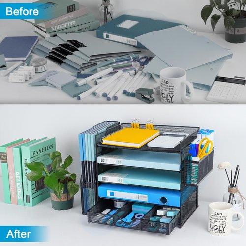 lemonsea Desk Organizers with File Holder, 5-Tier Paper Organizer Letter Tray with Sliding Drawers and Extra Pen Holder, Mesh Desktop File Organizer for School Office Supplies, Black.
