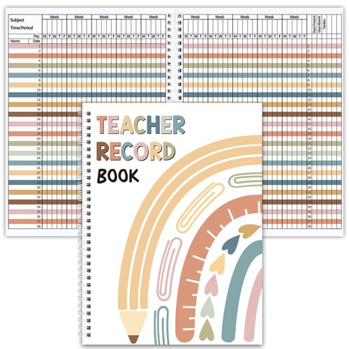 peony man Teacher Record Book Boho Teacher Grade Book Rainbow Spiral Bound Class Grade Book for Teachers Classroom Attendance Student Name School Office Favors Gifts Supplies, 8.5 x 11 Inch