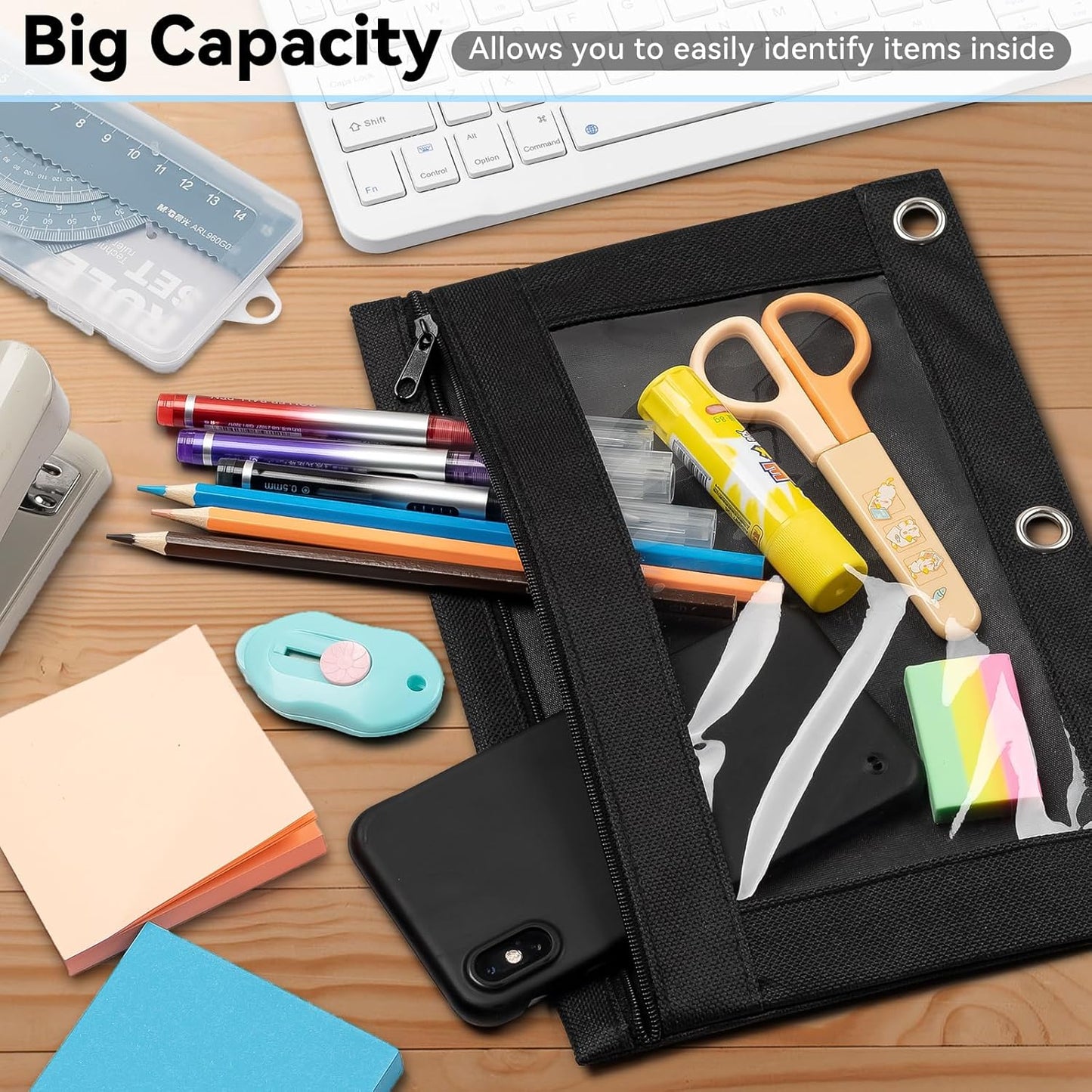 V-Opitos Pencil Pouch - Durable 3-Hole Zipper Case with Clear Window | 2-Pack for School & Office Supplies