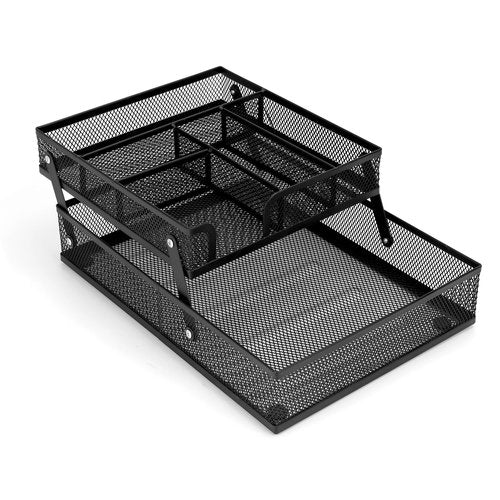 Desk Drawer Organizer Tray, Foldable Metal Mesh Wire, 2-Layer Mesh Tray, Desktop Accessory Organizer for Storing Office Supplies Scissors, Pens, A4 Paper, Stapler, Clips, Erasers