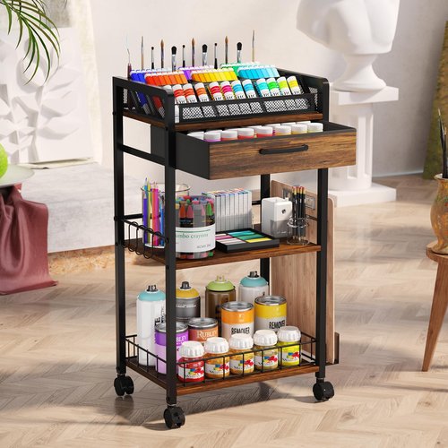 Homsorout 3 Tier Rolling Cart - Metal Utility Cart with Storage Drawer and Wheels, Versatile Art & Craft Organizer for Home, Office, or Studio Ideal for Storing Brushes, Paints, and Supplies Brown