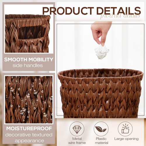Hushee 2 Pack Wicker Waste Basket, Wicker Trash Can for Bathroom, Rattan Trash Can, Woven Bin for Office, Hyacinth Waste Basket for Home Kitchen(Plastic Water Hyacinth,Brown)