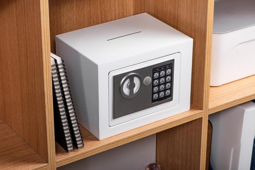 Small Safe Box With Digital Keypad & Keys - 9.05 x 6.7 x 6.7 Inches Wall Safe 0.23 Cuft Mini Security Lock for Coin Home Office Hotel Rooms Business Jewelry Gun (White)