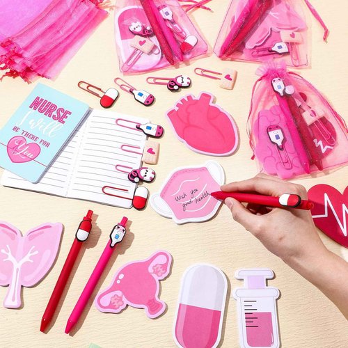 Saypacck 96 Pcs Nurse Gift Set of 24, Includes Pens Sticky Notes Bookmarks and Bags for Appreciation Nurses Week Gifts Hospital Student Essentials Medical Assistants Supplies(Pink White,Cute)