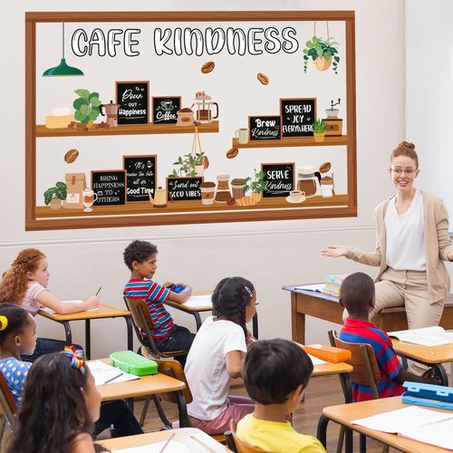 Pajean Cafe Kindness Bulletin Board Set Plant Coffee Motivational Classroom Decorations Bookshelf Reading Bulletin Board Inspirational Cutouts for Back to School Library Decor Office Supplies