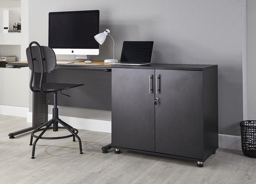 MMT Furniture Designs Ltd Black Storage Cabinet Cupboard Desk Height 2 Door Bookcase with Lock 75cm Tall Desktop Extension Height