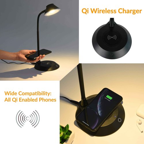 DAC Desk Lamp Wireless Charger – for iPhone 11, X, 8, Galaxy S20, S10, S9, S8, S7 and All Qi-Enabled Devices - 3 Brightness Levels - Flexible Gooseneck LED Lamp - Desk Light for Office – Black