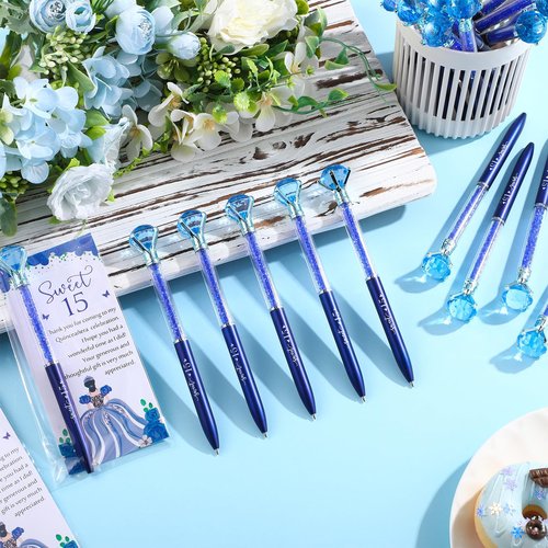 Sayglossy 50 Sets Quinceanera Party Favors Sweet 15th Thank You Gifts Big Crystal Diamond Pens with Thank You Cards Retractable Ballpoint Bling Pens 15 Birthday Mis Quince Gifts for Guests(Navy Blue)
