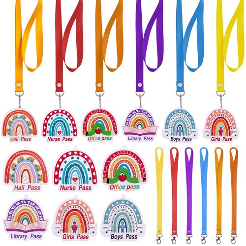 12 Sets Wooden Boho Rainbow Hall Passes for Classrooms Elementary Back to School Unbreakable Hall Pass Lanyards and School Passes Unbreakable Bathroom Passes for Classrooms Hall Library Nurse Office