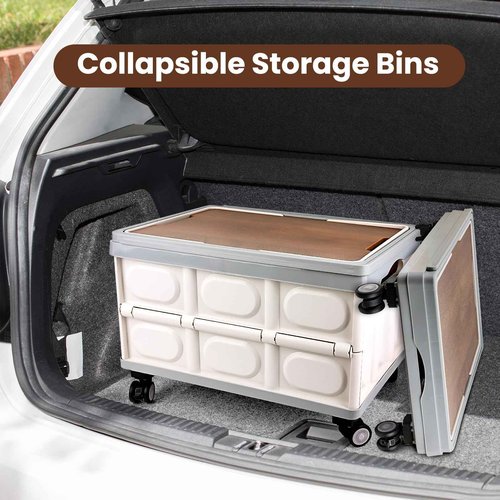 Collapsible Rolling Crate with Wheels, Foldable Utility Cart with Wooden Cover, Mobile Folding Cart for Teacher, Shopping, Camping, Office - 55L