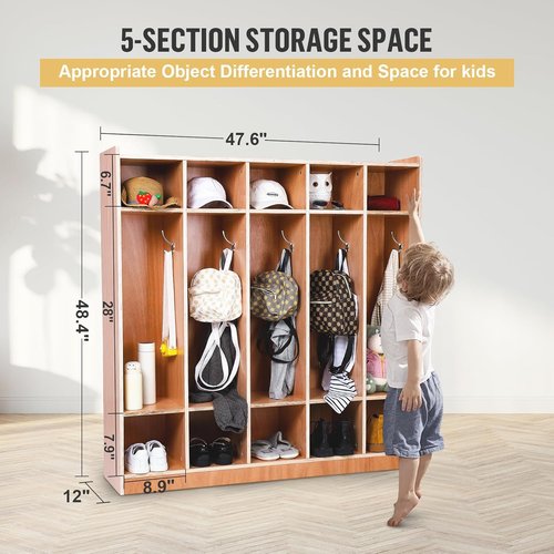 Garvee Kids Coat Locker - 5-Section Design with 10 Cubbies, Smooth Wood Surface & 4 Casters for Easy Mobility