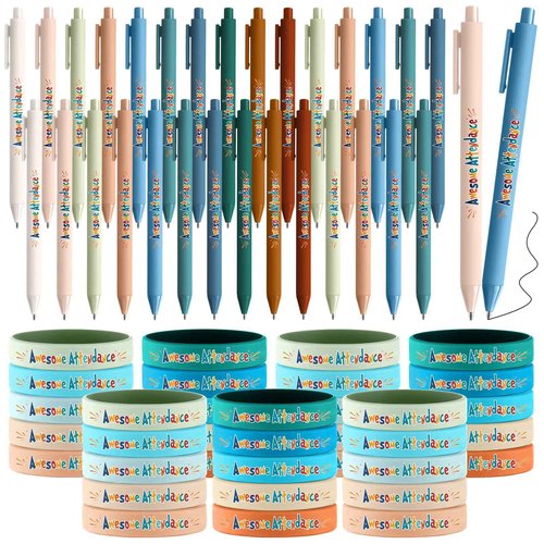 Dunzoom 200 Pcs Perfect Attendance Awards for Classroom Awesome Attendance Ballpoint Pens and Silicone Bracelets for Student Behavior Incentives Classroom Rewards Teacher Supplies