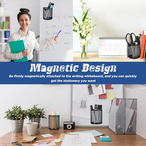 12 Pcs Black Magnetic Pen Pencil Holder with 3 Magnets Magnetic Marker Holder Storage Locker Accessories Desk Supplies for Pens, Pencils, Brushes for Home School Office, Black