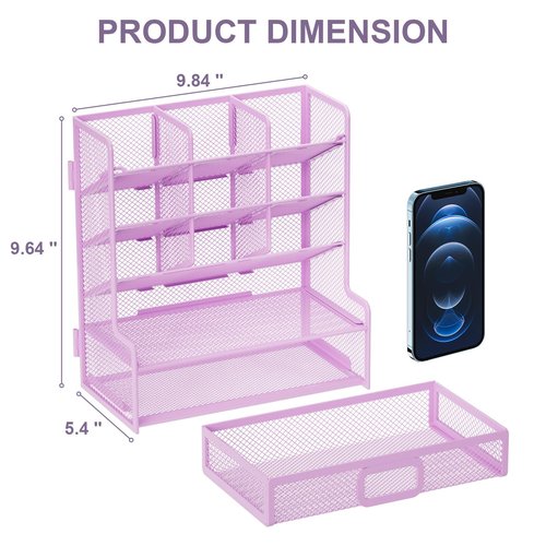 Marbrasse Larger Mesh Desk Organizer with Drawer, Multi-Functional Pen Pencil Holder, Easy Assembly, Desk Organizers and Accessories for Office Art Supplies (Purple)