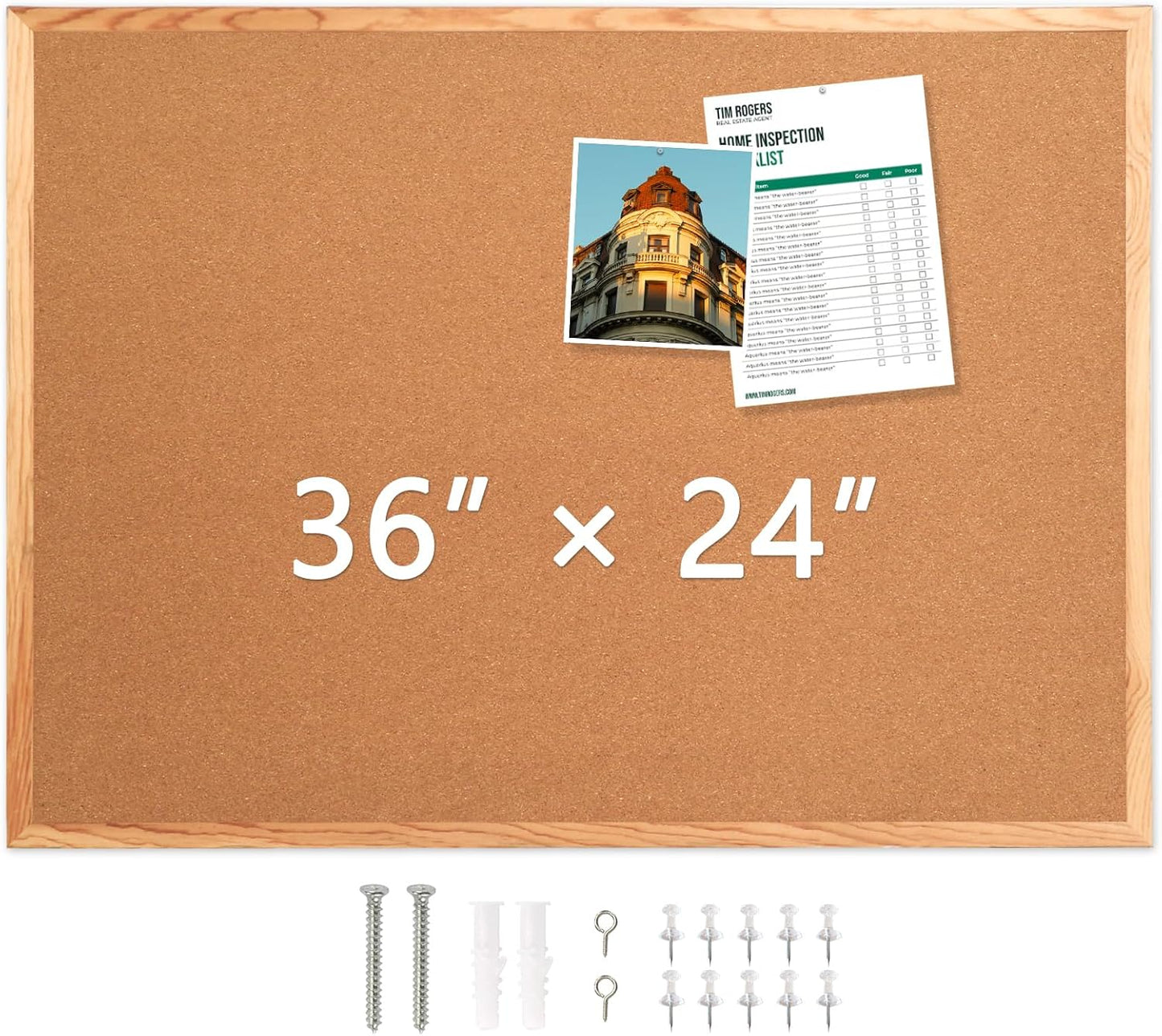 WALGLASS Cork Board - 36" x 24" Wooden Frame Bulletin Board for Home Office | Includes 10 Pins