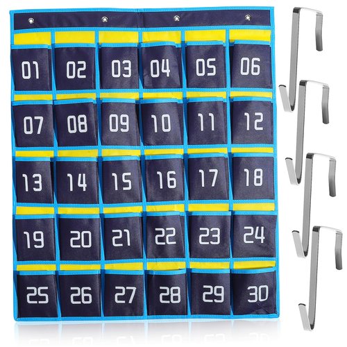 Anneome Classroom Pocket Chart Organizer with Phone and Calculator Holder for Teachers Wall Hanging Storage Bag with Hooks for Efficient Study and Organization