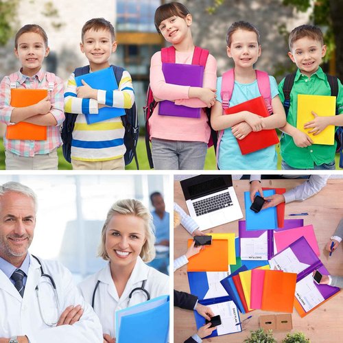 Cholemy 72 Packs Pocket Folders with Prongs Heavy Duty Plastic Folder with Business Card Slot 3 Prong Fasteners for School Office (Cute)