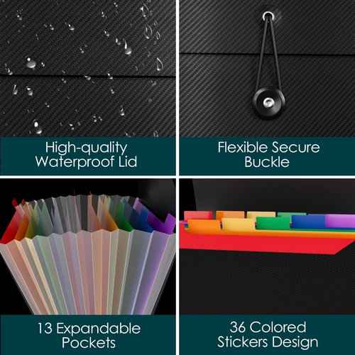 10 Pack Accordion File Organizer with Labels, 13 Pockets Expending File Folder, Binder for Document Storage, Classroom, Office, Home Use, Black