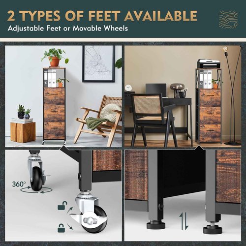 Vestibk 3 Drawers File Cabinet, Vertical Filing Cabinets for Home Office, Drawer with Adjustable Hanging Rail, A4/Letter Size Hanging File Folders, Open Shelf, Mobile Printer Stand, Rustic Brown
