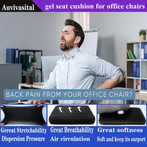 Auvivasital Plus Size Gel Seat Cushion for Long Sitting, Extra Large and Thick, Seat Cushion for Back, Hip, Sciatica, Tailbone Pain Relief, Use for The Office, Wheelchair, Car, Stadium.(Black)
