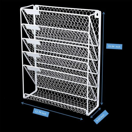 Wall File Holder Hanging Mail Organizer Metal Chicken Wire Wall Mount Magazine Rack for Home and Office (White)