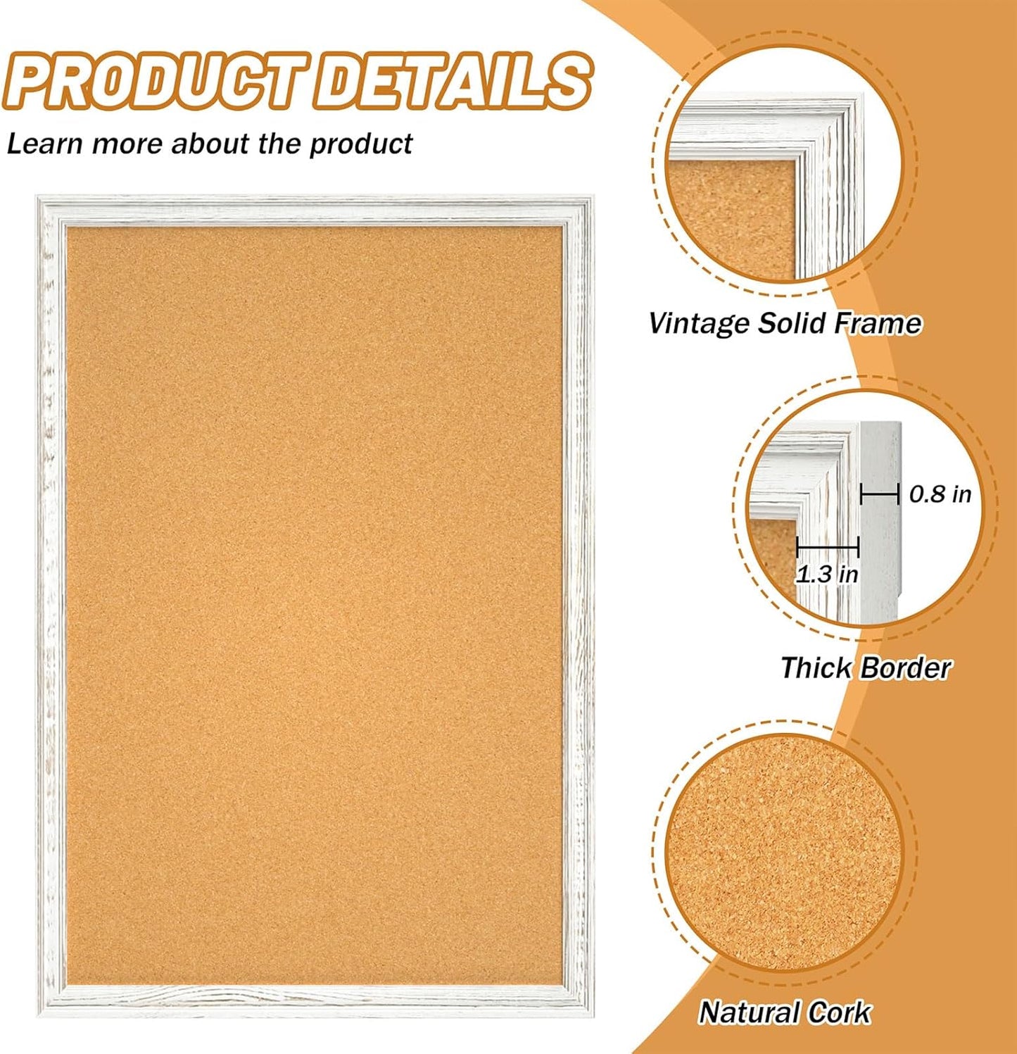 White Cork Board - 36 x 24 Inch Decorative Bulletin Board with Rustic Wooden Frame for Home & Office