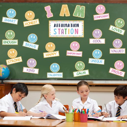 FYSUIMU Boho Smile Face Affirmation Station Bulletin Board Set Positive Sayings Pastel Happy Face Cutouts for Back to School Classroom Chalkboard Wall Decor