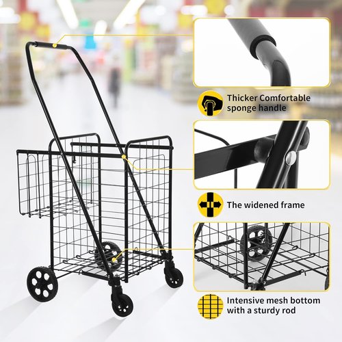 BIEAMA Folding Grocery Cart - 200 Lb Capacity Utility Cart with 360° Swivel Wheels | Medium & Extra Basket