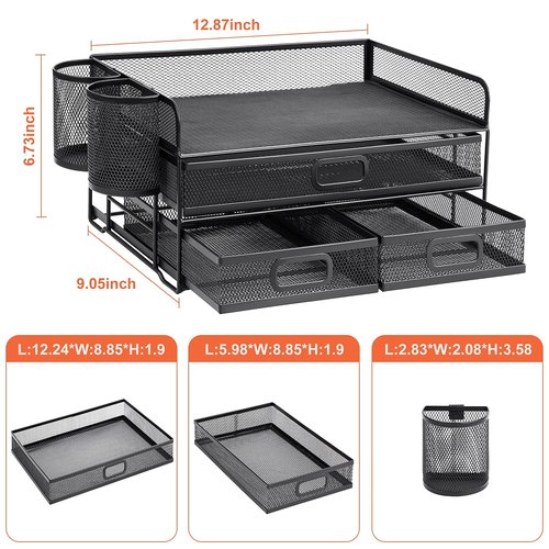 Marbrasse 3 Tier Mesh Desk Organizer with Drawer, Multi-Functional Desk Organizers and Accessories, Paper Letter Organizer with 2 Pen Holder for Home Office Supplies (Black)