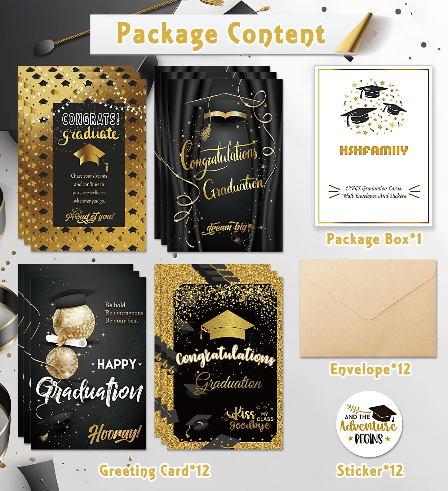 HSHFAMIIY Graduation Cards, Congratulations Grads with Envelope, Black and Gold, Congratulations Grad with Envelope Sticker - Blank Inside(12 Cards and Envelopes, 4 Designs)