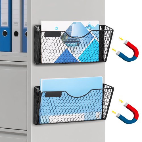 Magnetic File Holder- 2 Pockets Hanging Office File Organizer Wall Mounted 2-in-1, No Drilling Magazine, Paper, Mail, Document Holder for Whiteboard, Refrigerator, Cabinets, Classroom