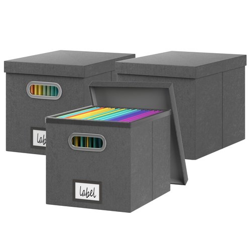 GRSQYS 3 Pack File Storage Box with Lid File Boxes for Hanging Decorative Hanging Folders Organizer with One-Piece Plastic Frame Slides (Dark Grey, 13.2x 10.1 x 10.1 inch（3Pack）)