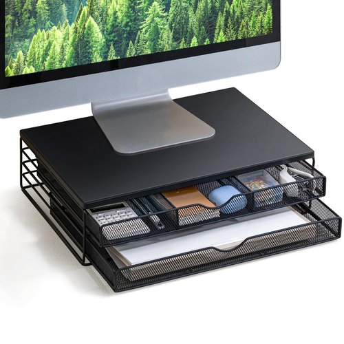 ARCOBIS Wood Monitor Riser with Drawers, Mesh Metal Computer Monitor Stand Riser with Storage for Desk, Max Load Capacity 40LB, 2 Drawers, Black