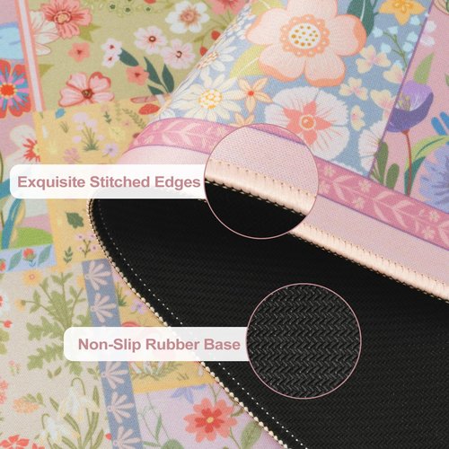 iCasso Pink Desk Mat for Keyboard and Mouse, Large Mouse Pad, Floral Desk Pad, Anti-Slip XXL Big Mousepad with Stitched Edges for Computer