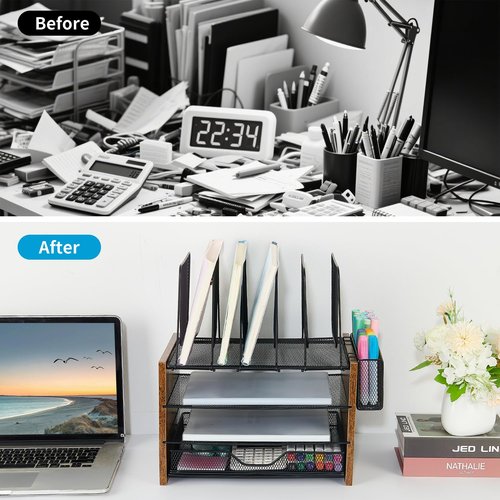 OPNICE Wood Desk Organizers and Accessories, 4-Tier Workspace Desktop Paper Organizer with Drawer, 5 Vertical File Holders and Pen Holder for Office Supplies