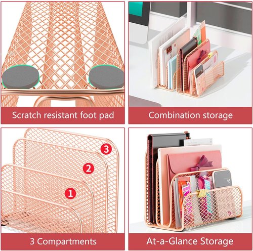 Gianotter Mail Organizer - Stylish 3-Slot Metal File Holder for Desk | Rose Gold Workspace Accessory