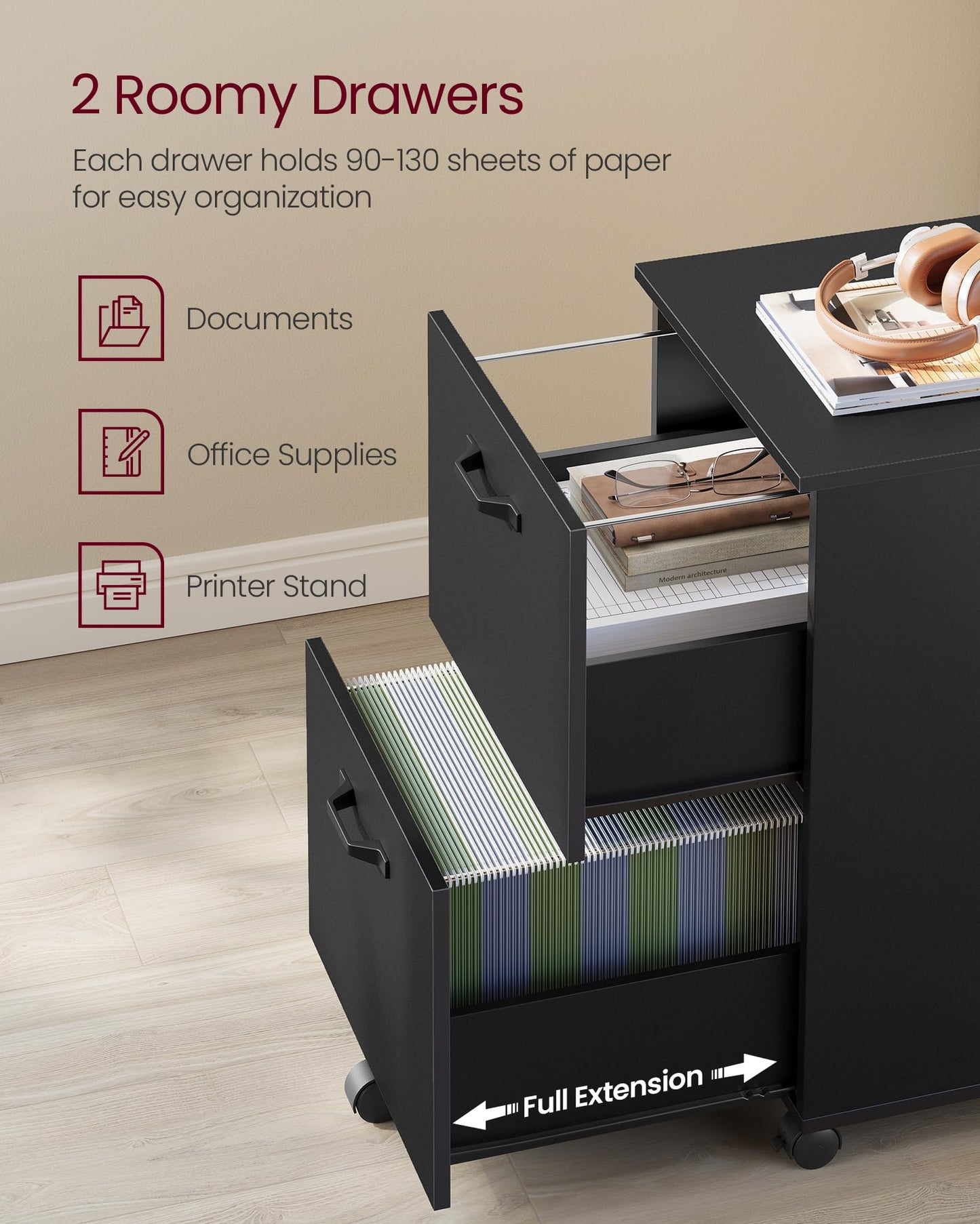 VASAGLE CUSTOS Collection - 2-Drawer File Cabinet, Small Rolling Filing Cabinet for Home Office, Printer Stand, for A4, Letter-Size Documents, 15.7 x 16.5 x 27.6 Inches, Matte Black UOFC040B16V2S