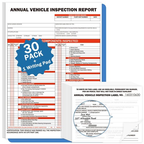 PUNCHMAN 30Pack DOT Annual Vehicle Inspection Forms and Label,30-Pk 3-Ply Annual Vehicle Inspection Report with Carbon Copies with Hardboard,30-Pk 2-Ply FMCSA Annual Inspection Adhesive Vinyl Sticker