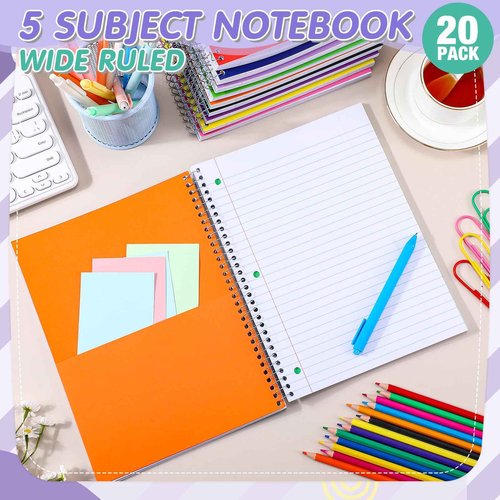 Fulmoon 20 Pcs 5 Subject Notebook Spiral Notebooks for School Office Hardcover Spiral Lined Notebook for Work, 240 Pages/ 120 Sheets, 8 x 10-1/2", 3 Hole Punched, 4 Removable Dividers(Wide Ruled)