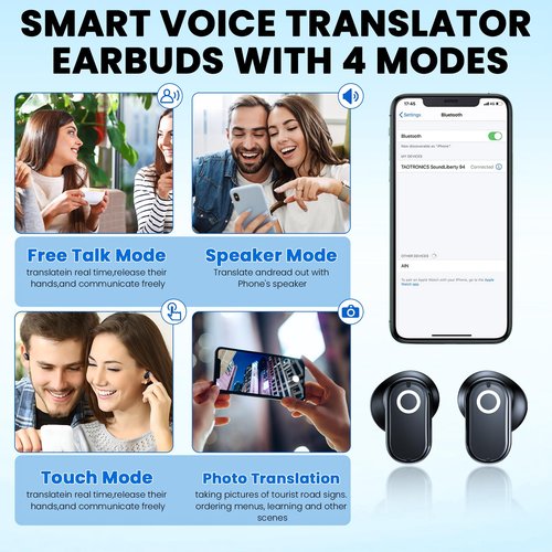 Hastraith AI Translation Earbuds Real Time, 139 Language Translator Earbuds TWS 3-in-1 Translation Headphones, Translation Device for Travel Business Learning Compatible with iOS and Android, Black