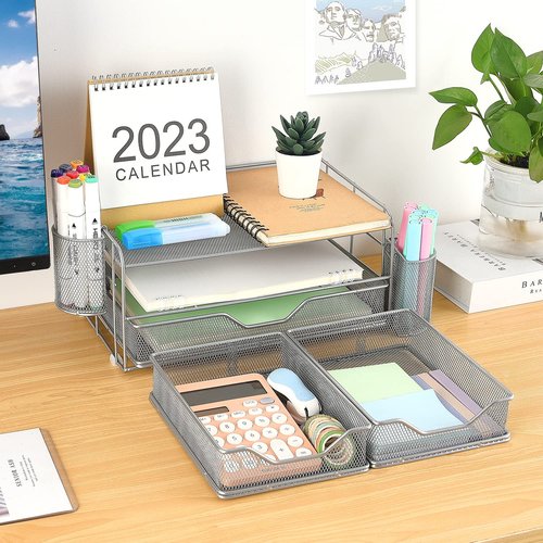 Gianotter 3-Tier Desk Drawer Organizer with 2 Pen Holder, Desk Accessories & Workspace Organizers for Home Office Supplies (Silver)