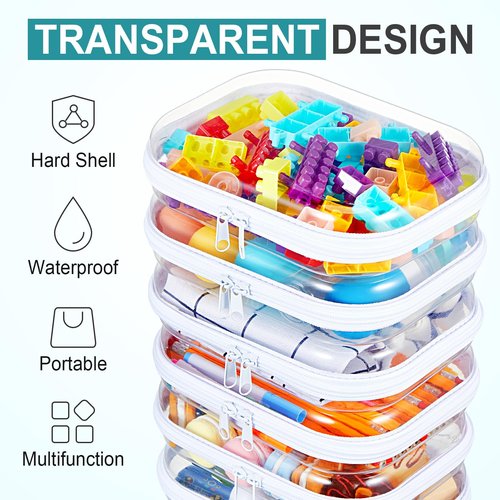 Qiyaz 15 Pcs Clear Hard Shell Zipper Case Plastic Bins Transparent Double Zippers Hard Pouch Clear Plastic Storage Box Containers for Building Blocks Cosmetics, Puzzles(7.9 x 5.9 Inches)