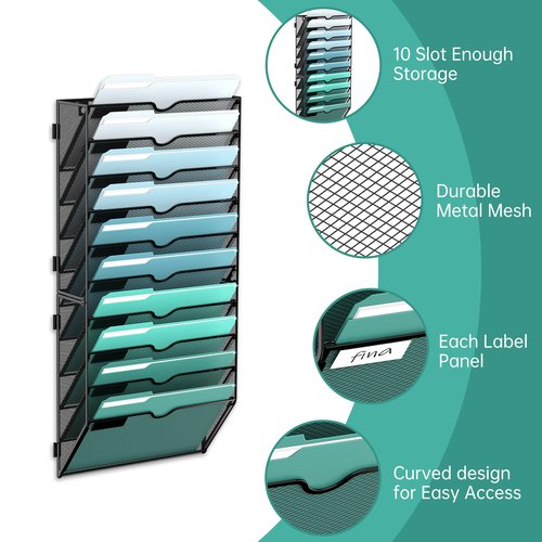 SUPEASY 10-Tier Wall File Organizer, Hanging Wall Files for Papers, Folders, Magazines, Wall Organizer for Clipboard, Assembly Needed, Black