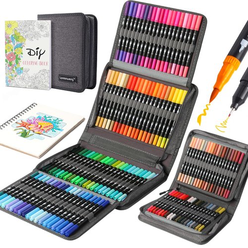 120 Colors Duo Tip Brush Markers Art Pen Set,LANRENWENG Fine Brush Tip Colored Pens Set with Canvas Bag,Markers for Adult Coloring Books Drawing Sketching Note taking Lettering Calligraphy