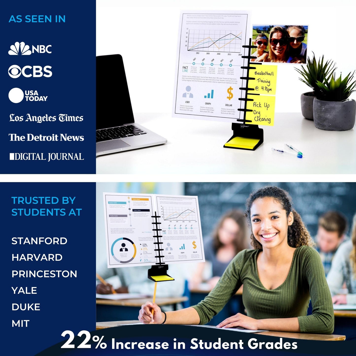 Note Tower Desktop Pro Dual Document Holder for Typing | Compact 2 Page Paper Holder Stand for Desk | Document Stand Holds Copy Paper, Photos & Post Notes | Dispenser includes 3x3 Sticky Notes | Black