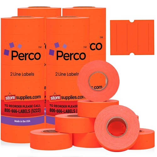 Perco 2 Line Fluorescent Red Labels - 32 Rolls, 4 Sleeves, 24,000 Blank Price and Date Gun Labels for Perco 2 Line Price and Date Guns - Made in USA