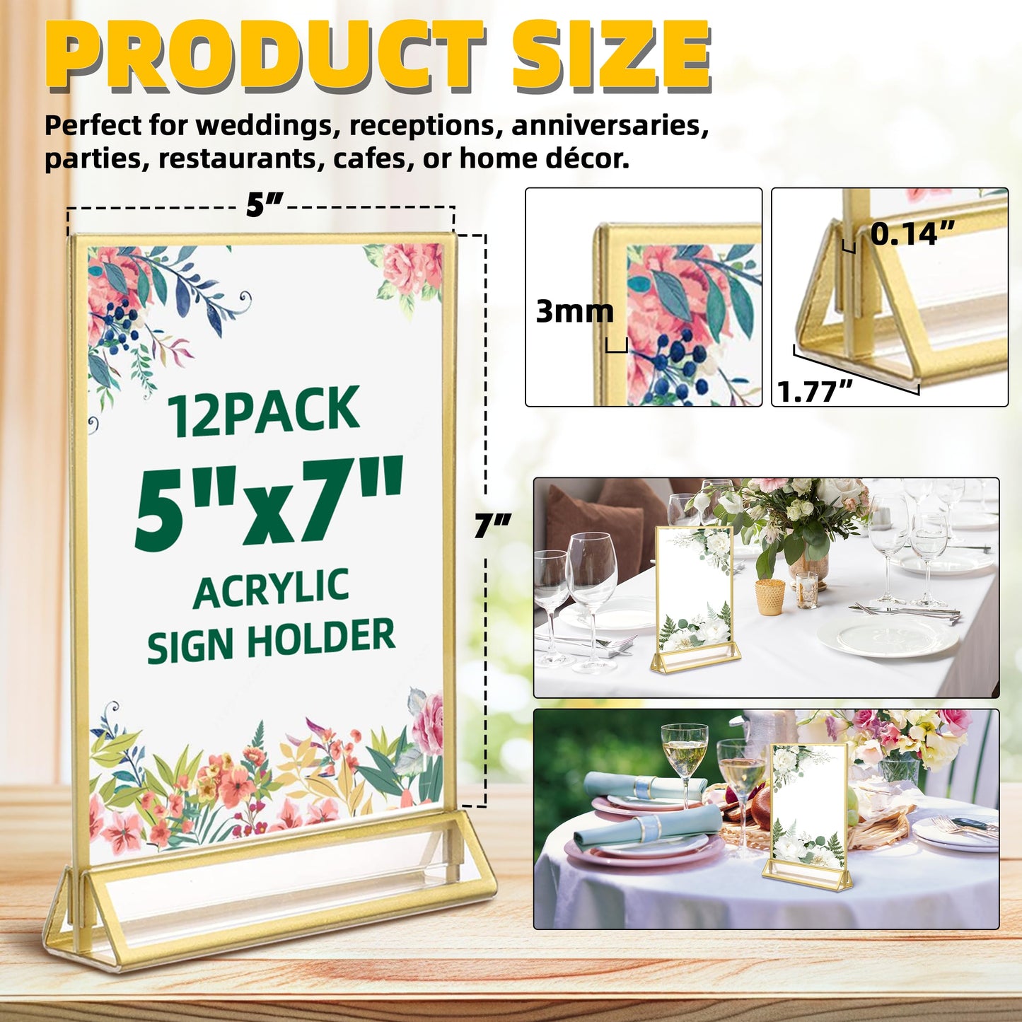 TonGass 12-Pack 5"x7" Gold Acrylic Picture Frames – 3mm Gold Border Wedding Table Number Holders, Clear Double-Sided Acrylic Sign Holders for Weddings, Banquets, Parties, Centerpieces