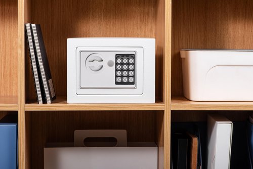Small Safe Box With Digital Keypad & Keys - 9.05 x 6.7 x 6.7 Inches Wall Safe 0.23 Cuft Mini Security Lock for Coin Home Office Hotel Rooms Business Jewelry Gun (White)