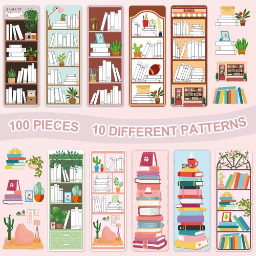 100 Pieces Book Tracker Bookmarks Bookshelf Design Double-Sided Reading Page Markers Bookmarks for Book Lovers Cute Book Marks for Reading Women Students School Supplies