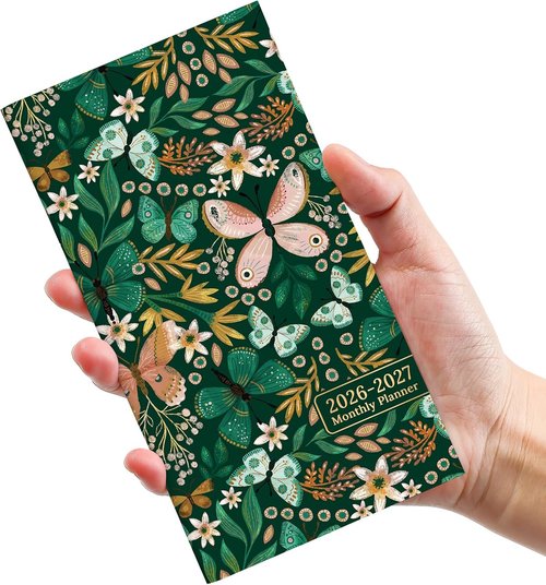 Pocket Calendar 2026-2027 - Monthly Planner for Purse, Small Size (6.5" x 3.5") | Butterfly Design